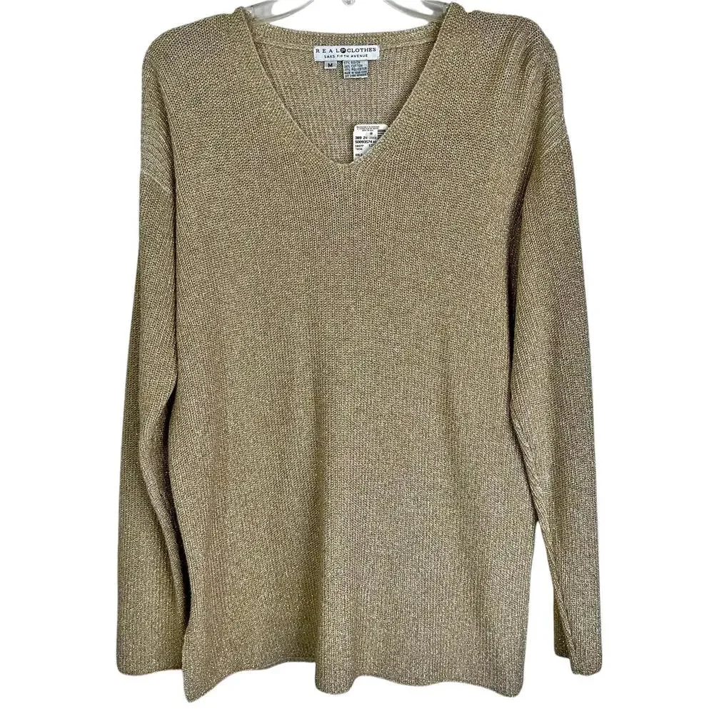NWT Vintage Saks Fifth Avenue Gold Metallic Knit Pullover Sweater Women’s M